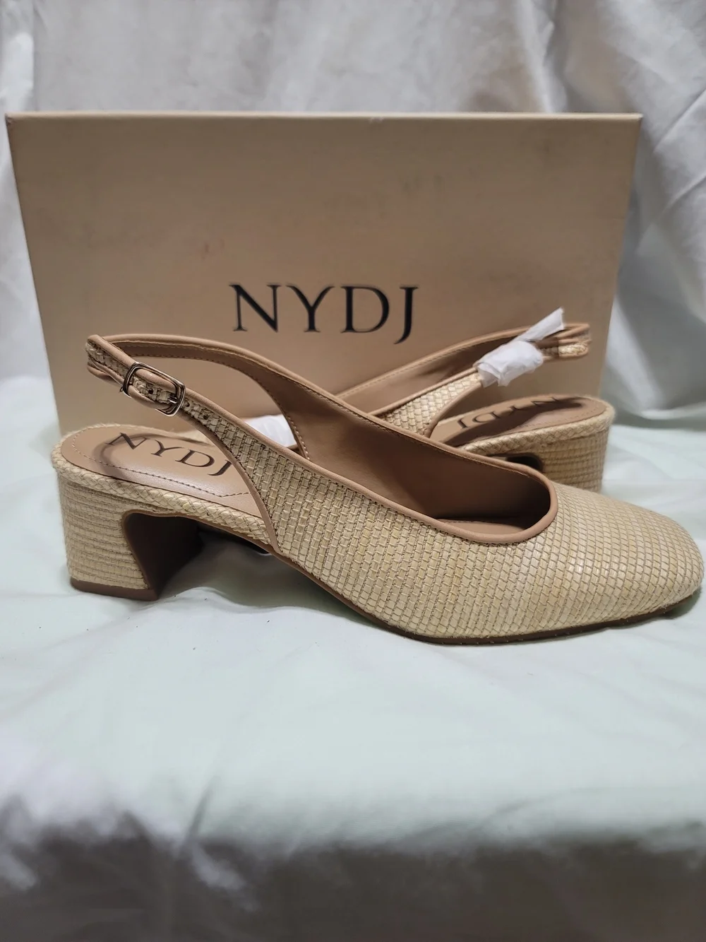 NYDJ Faelynn Raffia Slingback Pumps Natural Tan Block Heel New In Box 9.5M